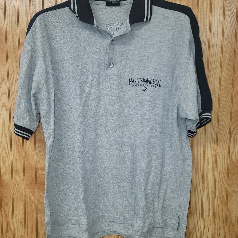 Harley-Davidson Mens Polo Shirt Grey Black Yeager's Sedalia MO Made in USA Large